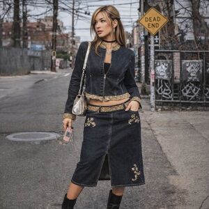 Willi Smith Denim Jacket‎ & Embroidered Midi Skirt Set Boho Artsy DS1